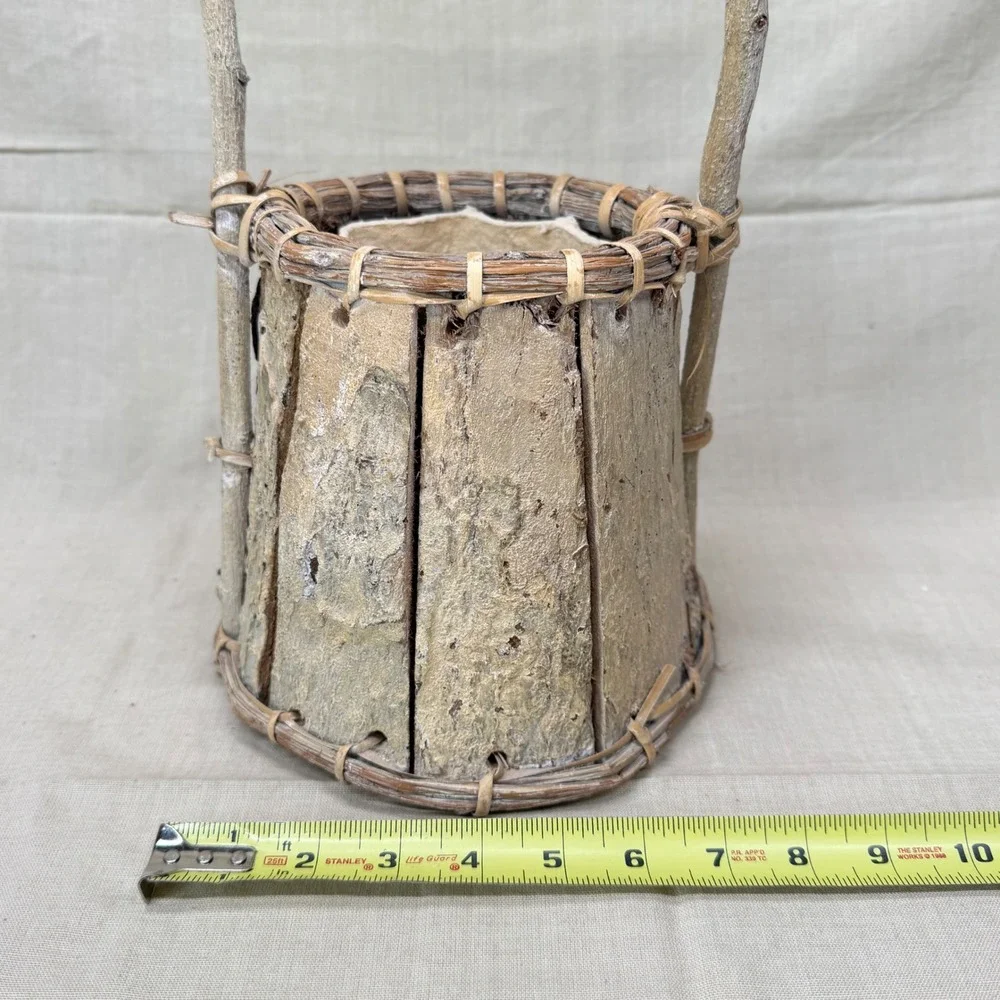 Vintage Bark Planter Basket with Liner Rustic Woodland Cachepot 1970s